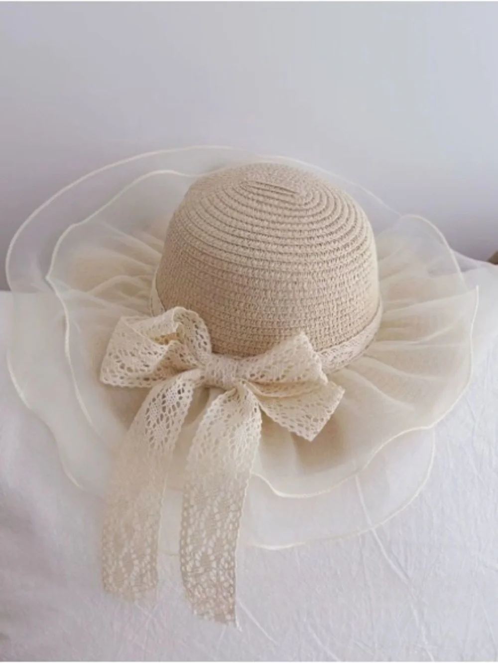 Wide Brim Crochet Sun Hat with Lace Bow - Cream